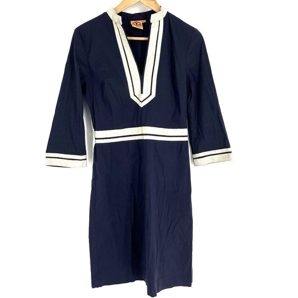 Tory Burch Dress Size 2 Navy Tunic Cotton Sheath Cruise 3/4 Sleeve Stretch
